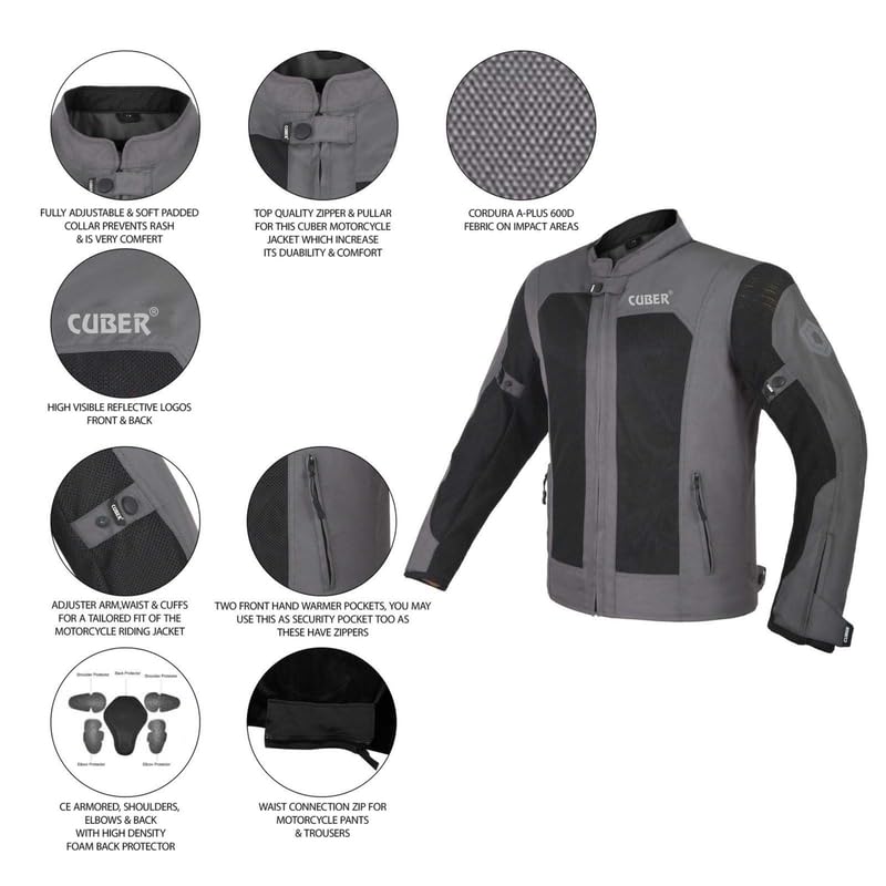 CUBER HI VIS BREATHABLE MESH MOTORCYCLE JACKET RIDING MENS CE ARMOR BIKERS RACING GEAR, DUAL SPORTS PROTECTIVE (GREY, SMALL)