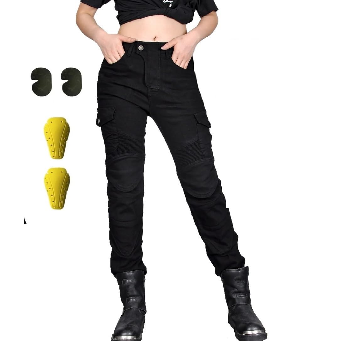 WILLIAMHUA Women Moto Jeans Motorcycle Pants Motorbike Biker Trousers with Protector (US, Waist Inseam, 28, 31, Black)