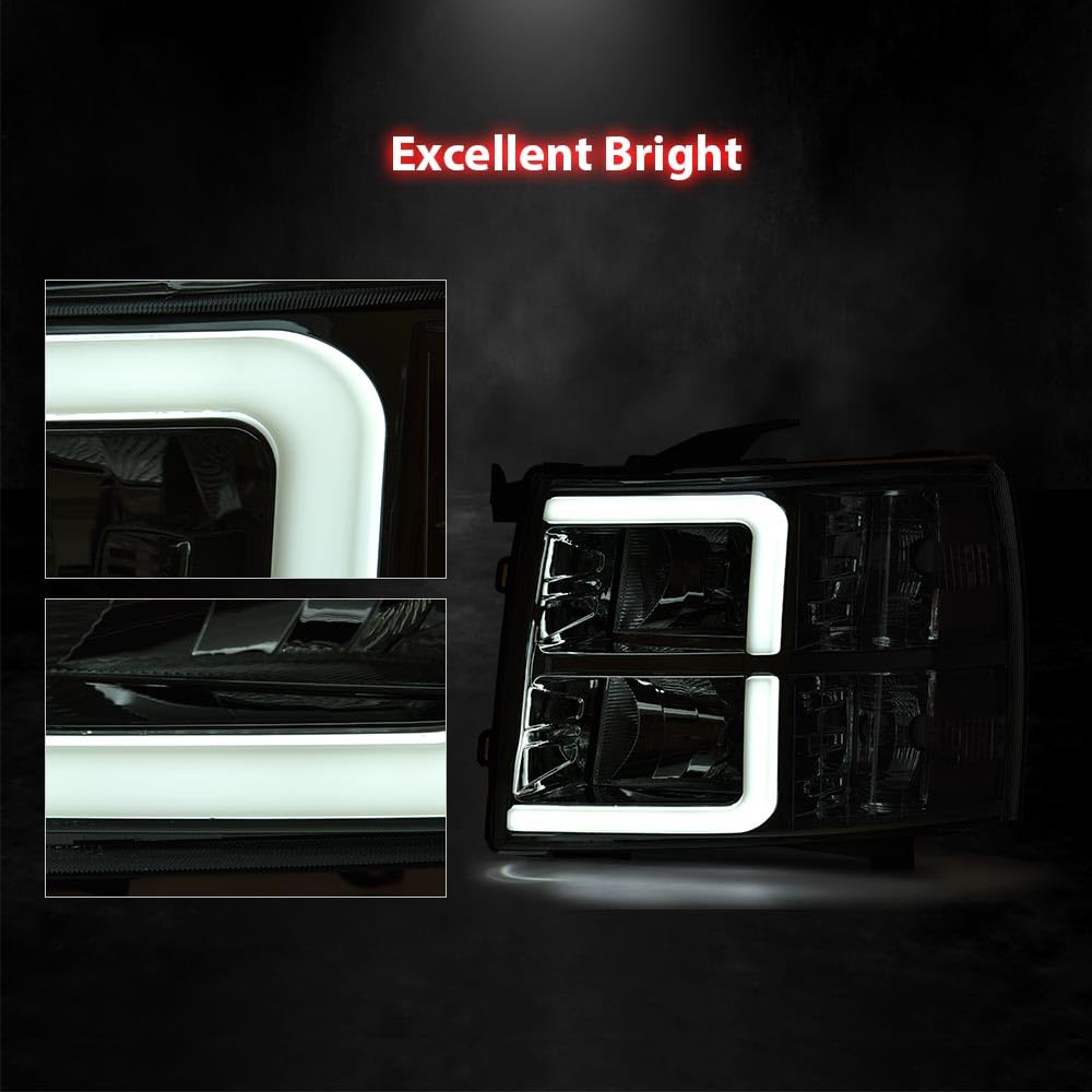 Pit66 Led Drl Tube Projector Headlights Compatible With Chevy Silverado 1500 2007-2013/ 2500Hd 3500Hd 07-14, Not Fit 2007 Old Bo