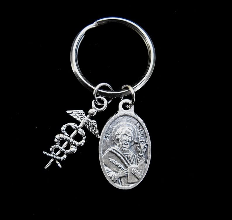 Saint Luke Keychain, Patron Saint Of Doctors, Physicians, Surgeons And Artists, Confirmation, Medical School, Caduceus Charm