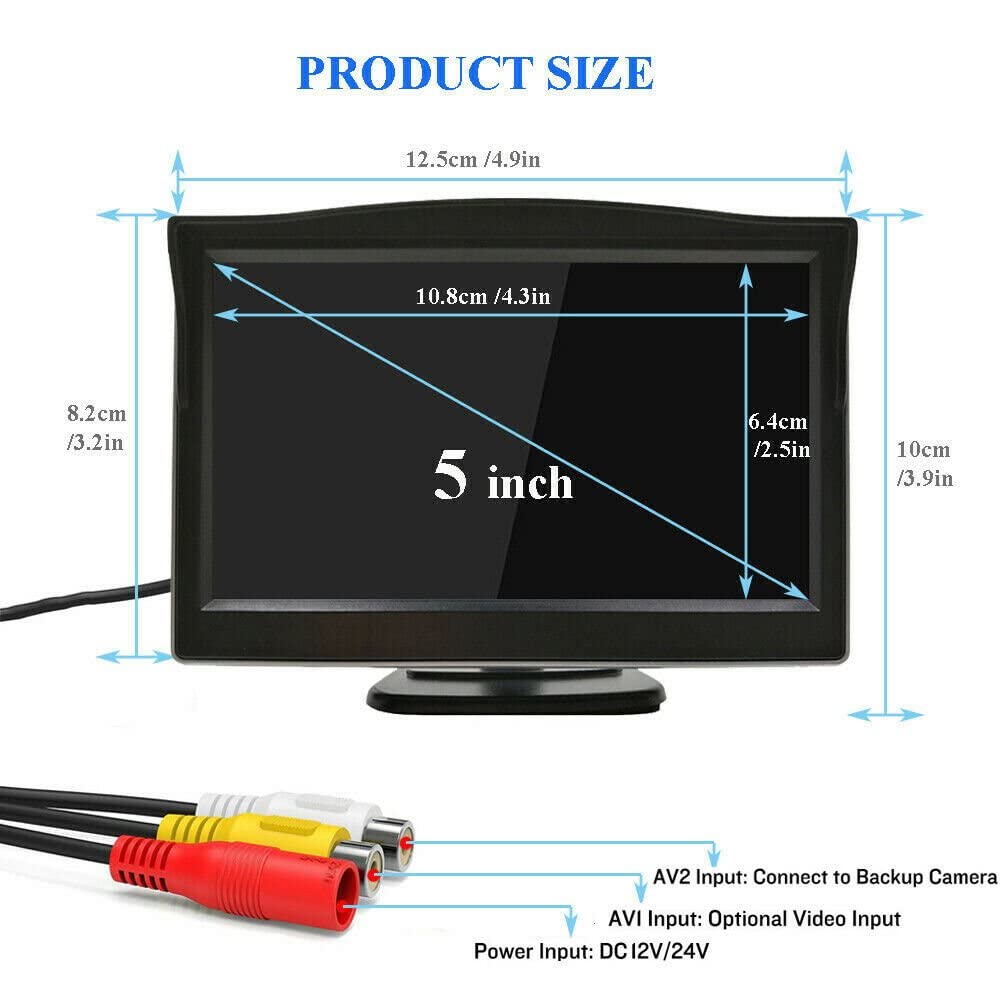 B-Qtech 5 Inch Hd Backup Camera Monitor Only Rear View Reverse Display Screen With Two Brackets, V1/V2 Two Video Input, 12V/24V