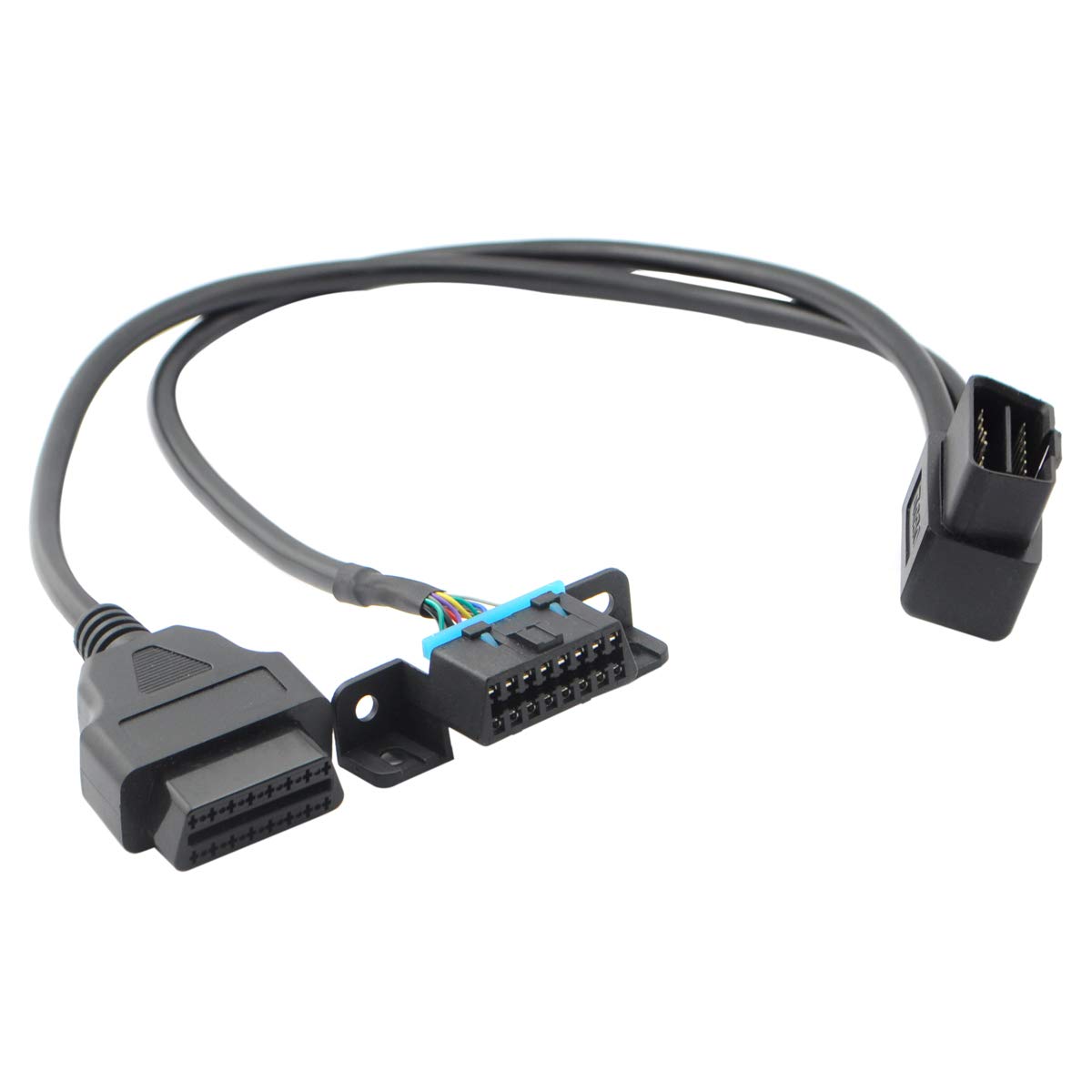 iKKEGOL Right Angle Universal OBD2 OBD II 16 Pin Splitter Y Open Cable, J1962 1 Male to 2 Female Connector with Underdash Mount 