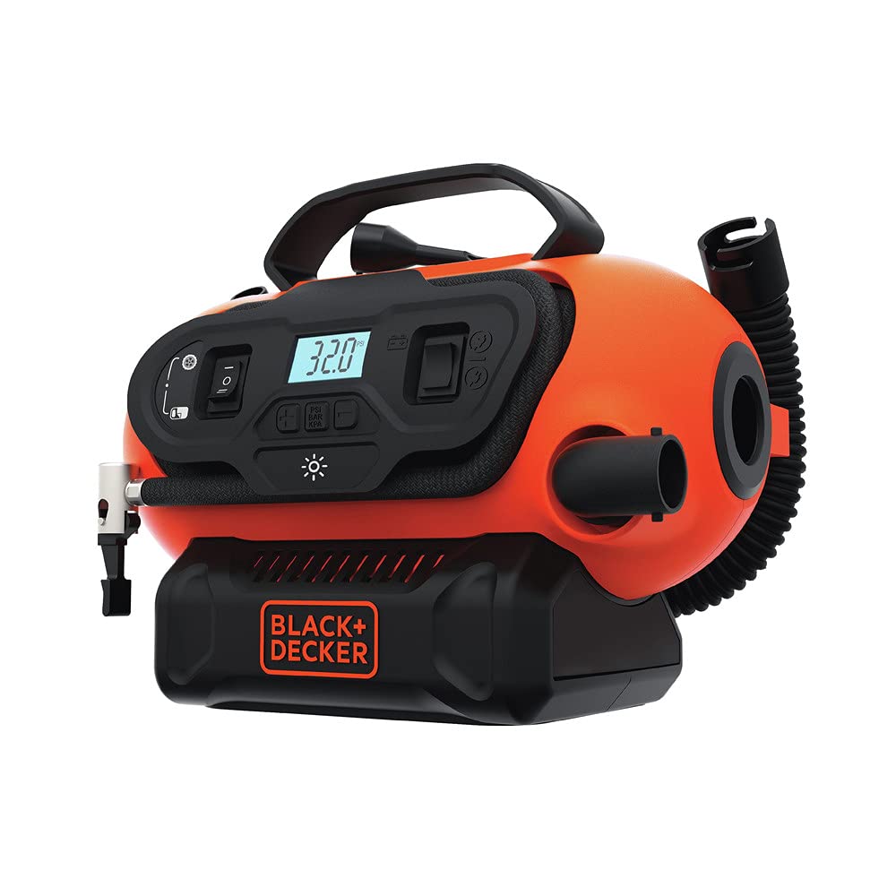 BLACK+DECKER 20V MAX Inflator, Portable Air Compressor, Cordless & Corded, Model BDINF20C, Black/Orange