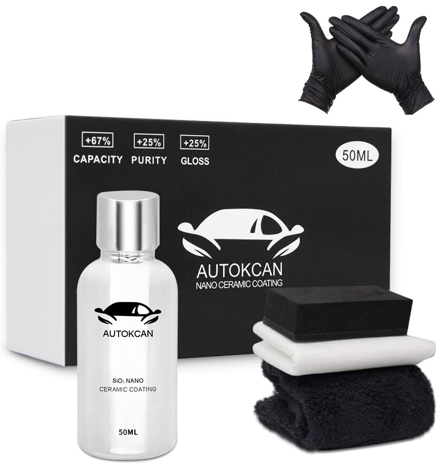 Autokcan Nano Ceramic Coating For Cars, 10H High Gloss 50Ml Anti-Scratch Sio2 Ceramic Coating Super Hydrophobic Mirror Paint Sealant Protection With Gloves 2 Years Warranty