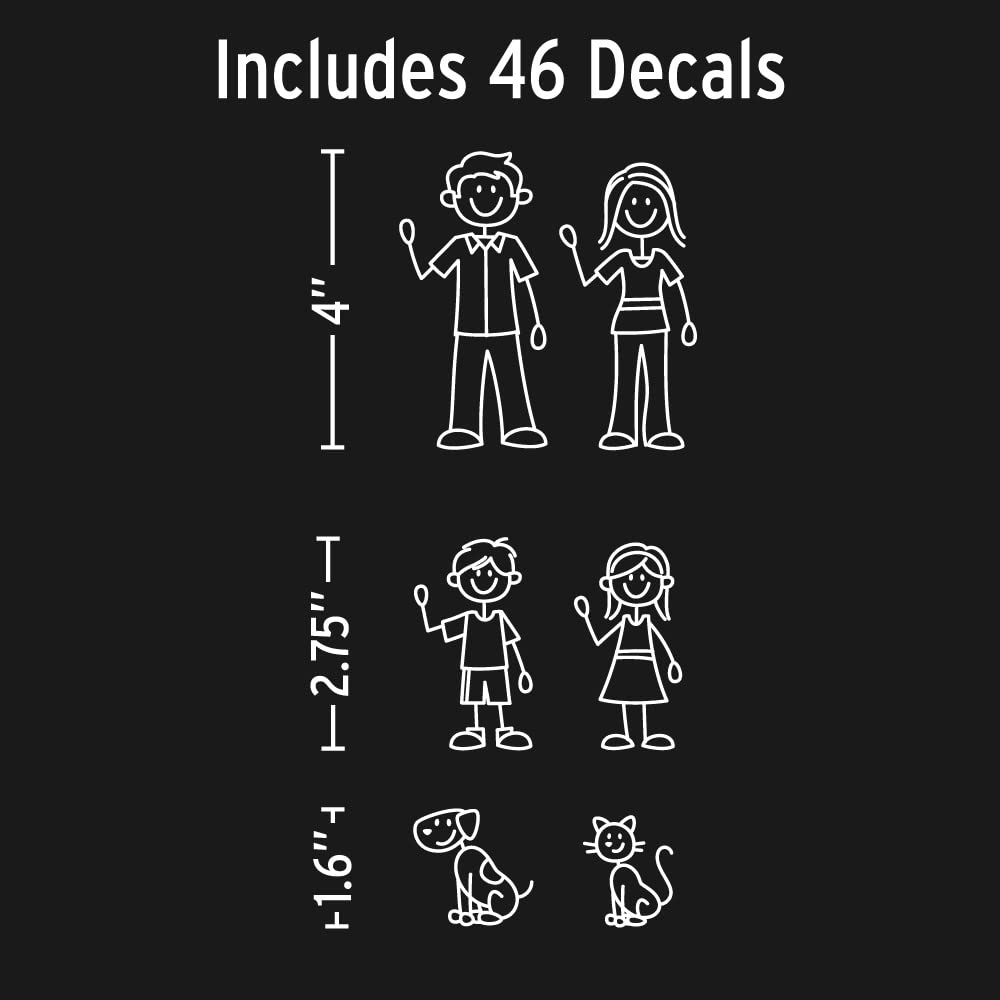 White Line Stick Figure Family Car Stickers Diy Kit - Includes 46 Decals Mom Dad Boy Girl Baby Cat Dog Fish Accessories