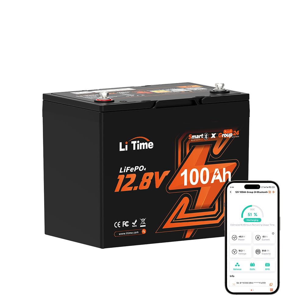 Litime 12V 100Ah Group 24 Bluetooth Lifepo4 Battery, Deep Cycle Lithium Battery, Built-In 100A Bms With Low-Temp Protection, Max