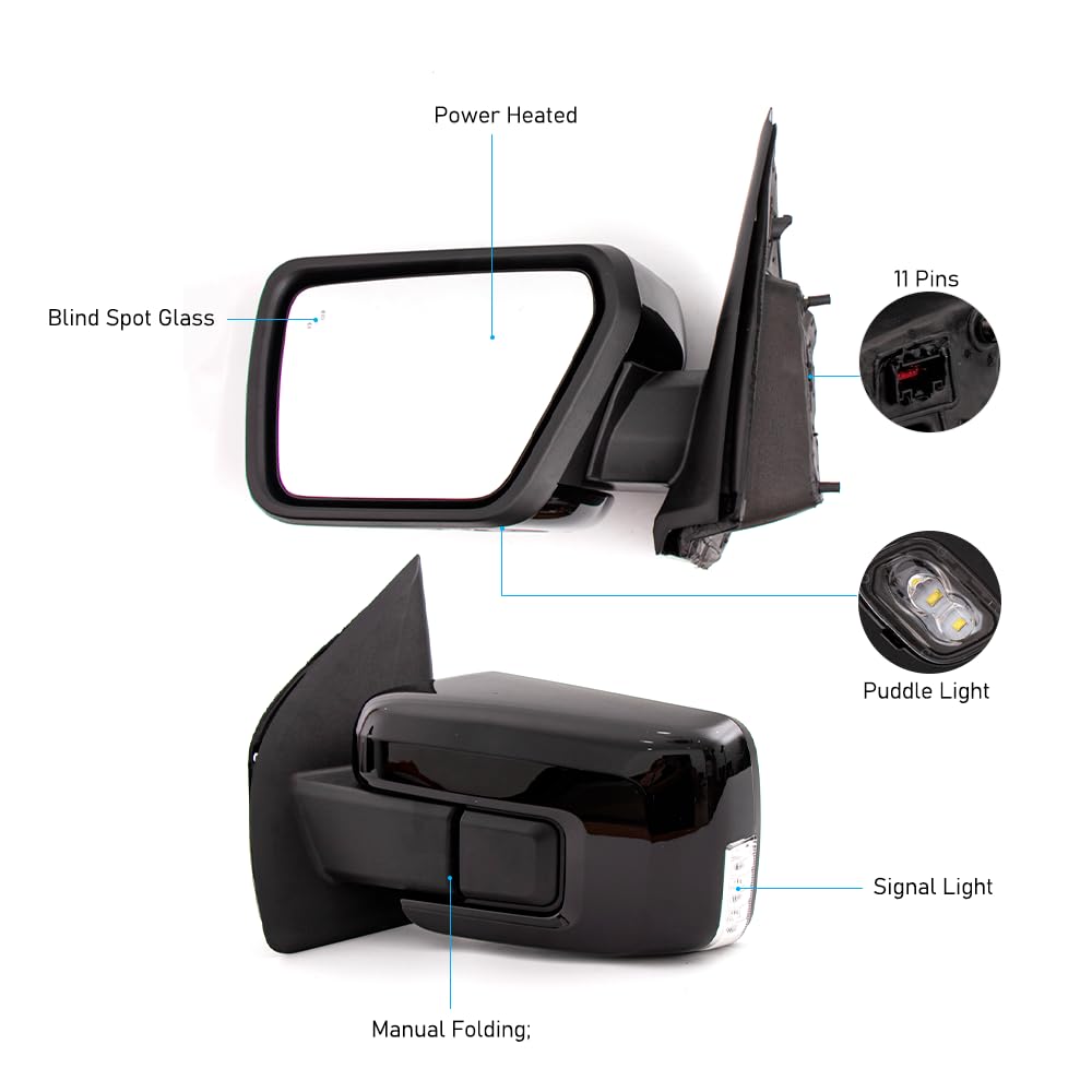 For Ford F150 2021-2024 Door Mirror Assembly with Painted Black Cover Manual Folding with Turn Signal Light Puddle Light Power H