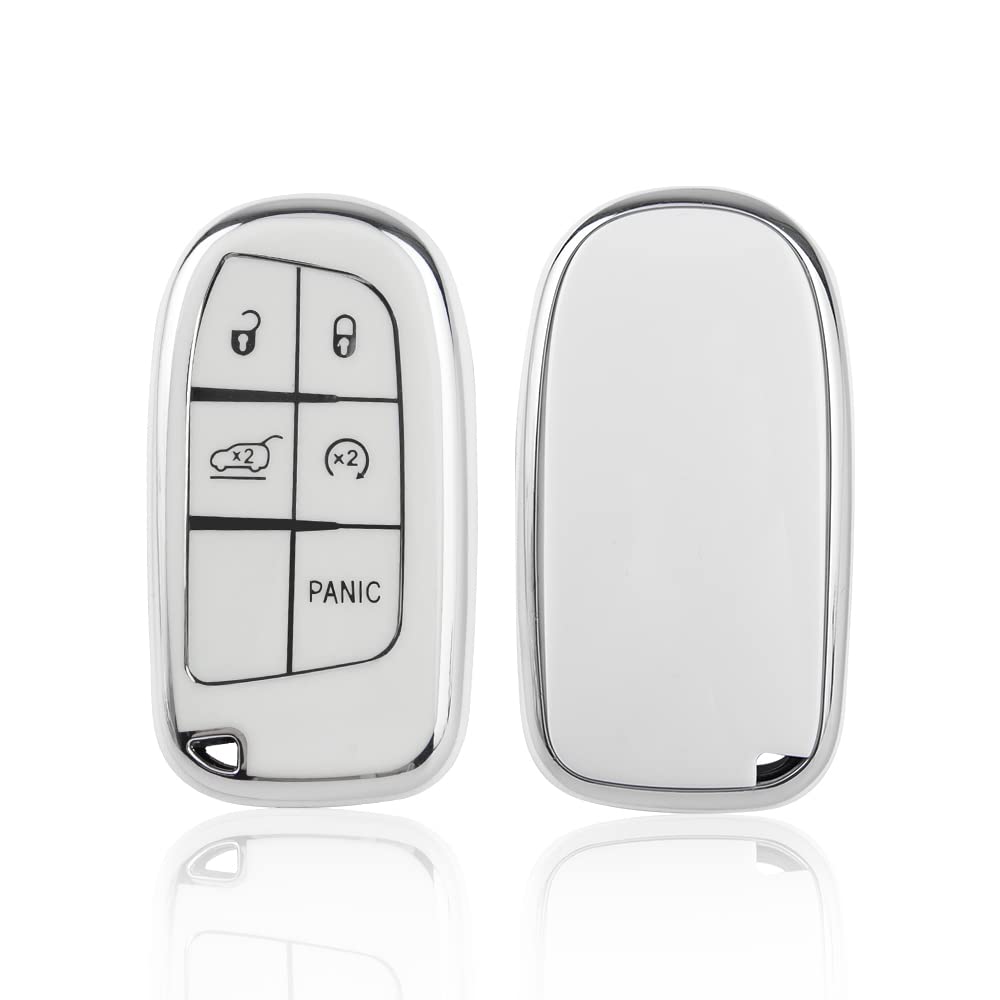 1797 For Jeep Dodge Key Fob Cover Challenger Charger Durango Journey Grand Cherokee Compass Renegade Car Remote Key Case Shell Protector 5 Button White Silver Tpu