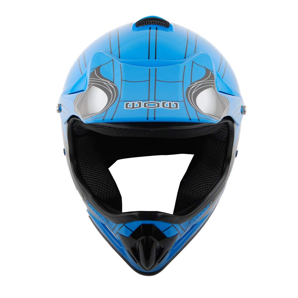 Wow Youth Kids Motocross Helmet Bmx Mx Atv Dirt Bike Helmet Spider Blue + Goggles + Mg Youth Blue Glove Bundle