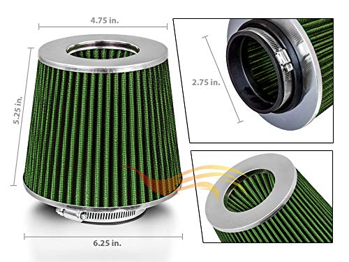 Green 2.75'' 70 Mm Inlet Cold Air Intake Cone Replacement Performance Washable Clamp-On Dry Air Filter