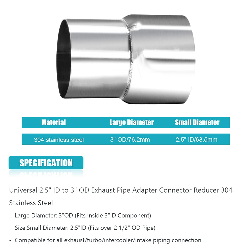 Universal 2.5'' ID to 3'' OD Exhaust Pipe Adapter Connector Reducer 304 Stainless Steel 2.5 Inch to 3.0 Inch 2 1/2    ID to 3.0