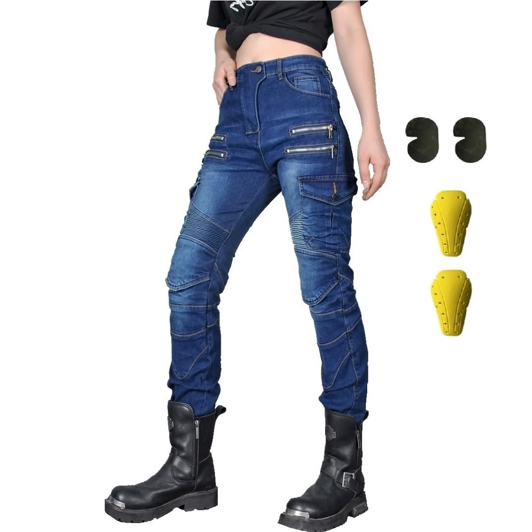 WILLIAMHUA Women Moto Jeans Motorcycle Pants Motorbike Biker Trousers with Protector (US, Waist Inseam, 28, 31, Blue-Zip)