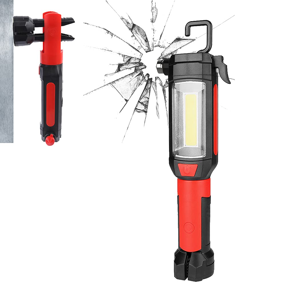 Maksone 9-in-1 Emergency Auto Tool with Flashlight, Window Breaker & Seat Belt Cutter, Magnetic LED Work Light with Hook for Car