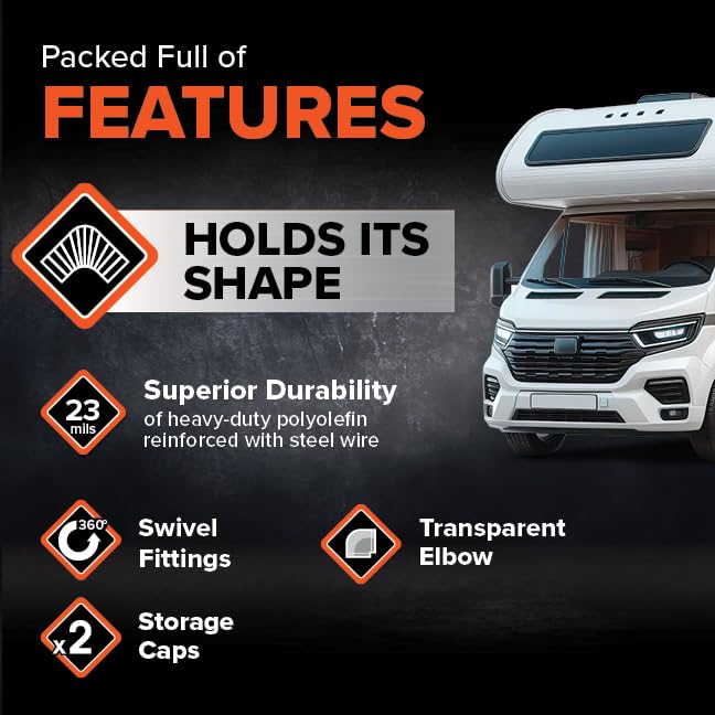 Camco Rhinoflex 15-Ft Camper/Rv Sewer Hose Kit - Features Clear Elbow Fitting W/Removable 4-In-1 Adapter - Connects To 3” Slip Or 3”/3.5”/4” Npt Threaded Sewer Connection (39761)