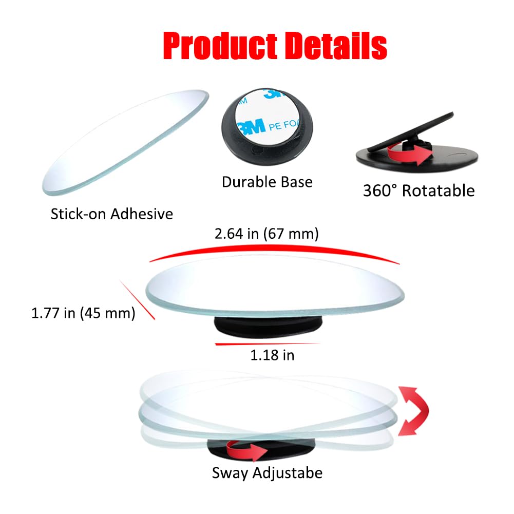 Ampper Oval Blind Spot Mirror, Hd Glass Frameless Stick On Adjustabe Convex Wide Angle Rear View Blind Spot Car Mirror For Car B