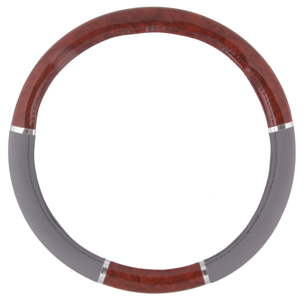 BDK Dark Wood Grain Steering Wheel Cover, 15 Universal Fit, Gray Faux Leather Grip for Auto, Truck, Van, SUV