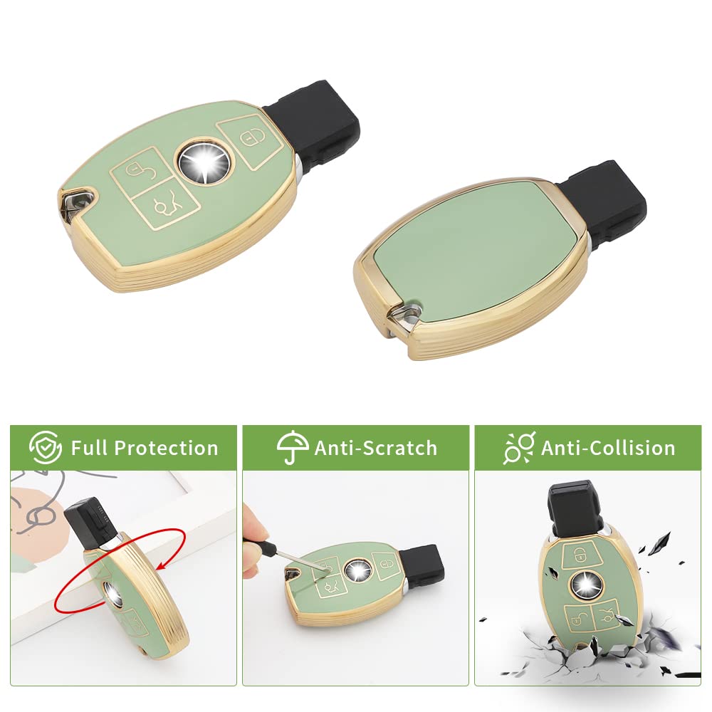 Carfib For Mercedes Benz Key Fob Cover Soft Tpu 3 Buttons Key Case Compatible With Benz Cla Cls Gla Glc Gle Accessories With Keychain Car Key Cover For Women Men Green
