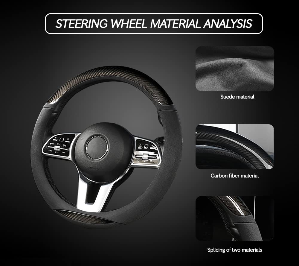 ZHOL Carbon Fiber Suede Steering Wheel Cover Universal 15 Inch Car Interior Accessories Comfortable Anti-Slip and Odorless Car S