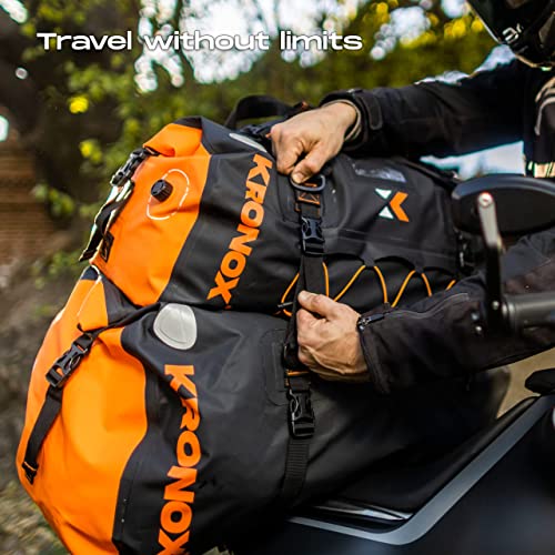KRONOX Waterproof Duffle Bag for Motorcycle Back Seat - Black & Orange, Vinyl, Hook and Loop Closure, 40-60 Liters Capacity, Ult