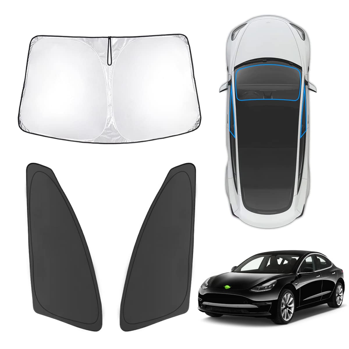 Karltys 3Pcs Front And Side Windshield Sun Shade For Tesla Model 3 2017-2025, 210T Window Sunshade Custom Fit Model 3 Highland,