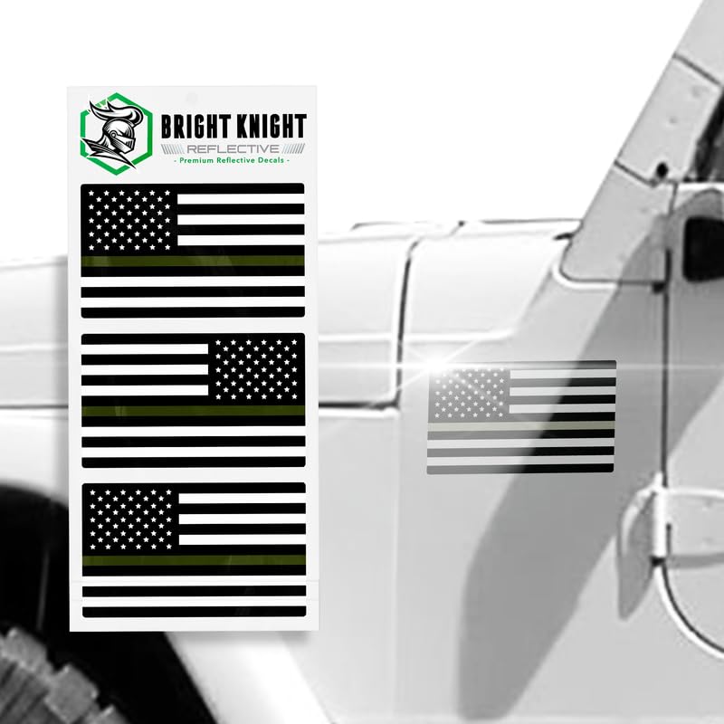 Bright Knight Reflective Flag Sticker, 3'' X 5.75'' Greenline American Flag Sticker Mirrored 3 Pack With Retro-Reflective Vinyl,