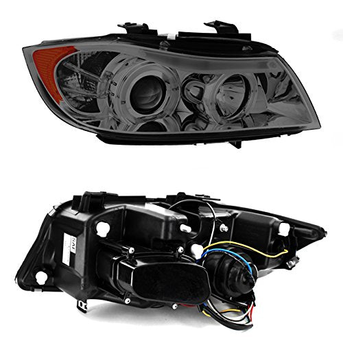 Akkon - For 06-08 Bmw E90 3-Series 4Doors Sedan Wagon Smoked Halogen Type Halo Ring Led Eye Lid Projector Headlights
