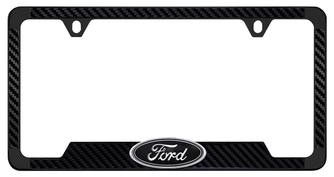 Black Carbon Fiber Vinyl Inlay License Frame with Black and Chrome 3D Ford Oval Black Emblem