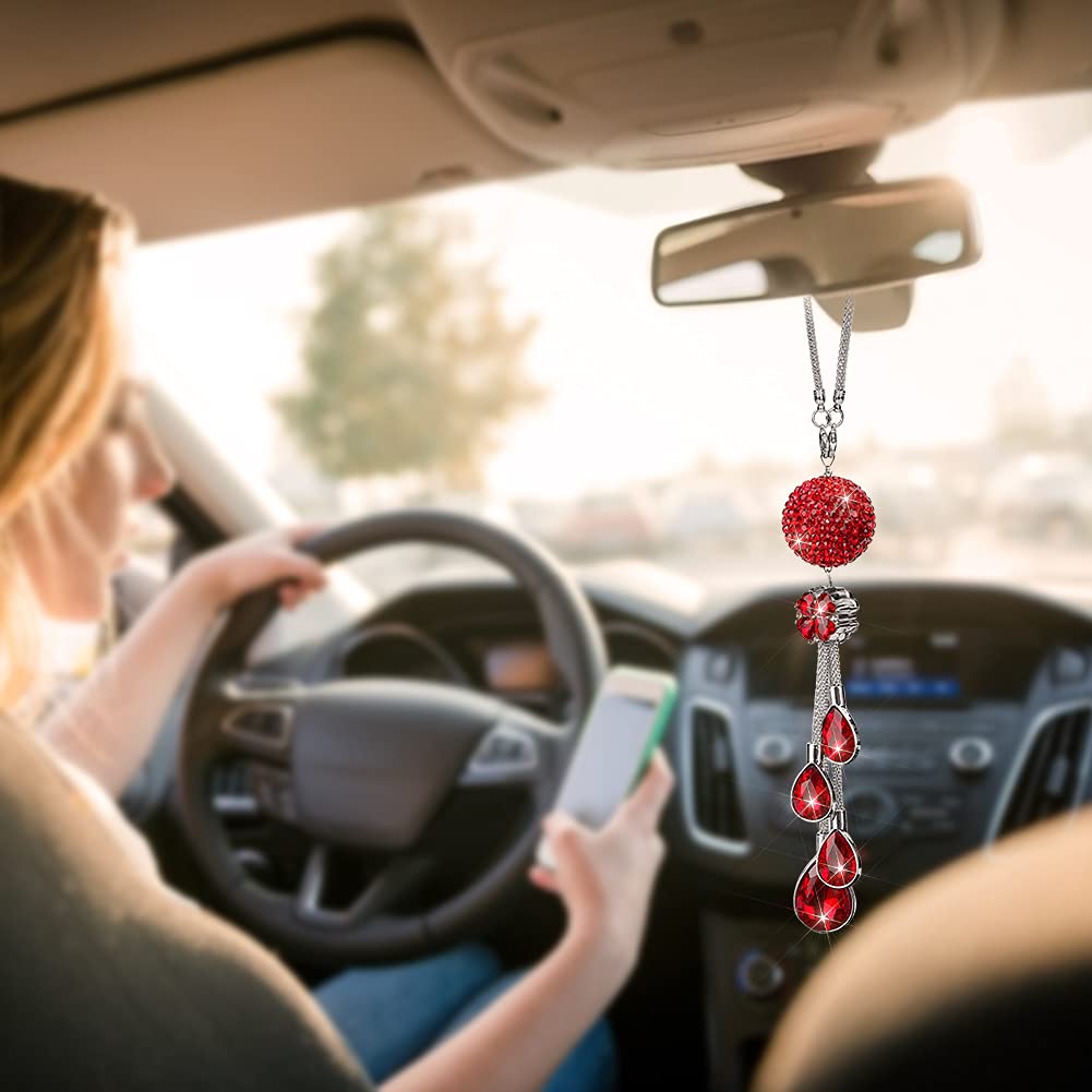 Otostar Bling Crystal Ball And Drops Car Hanging Accessories, Car Rear View Mirror Pendant Charms Interior Sun Catcher Ornament, Bling Car Accessories For Women Girls (Red)