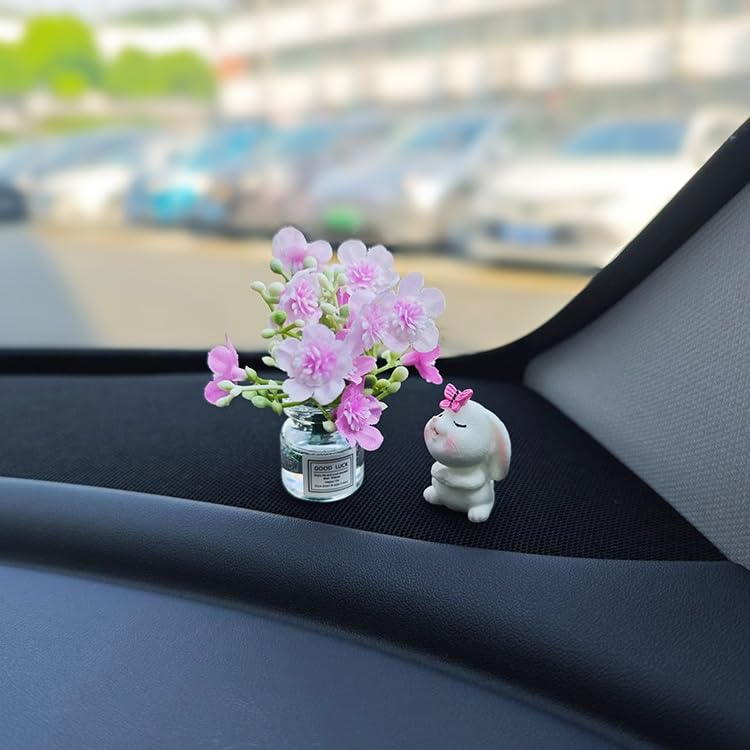 Generic Set Of 2 Cute Mini Bunny And Peach Blossom In Flower Vase Car Rearview Mirror Ornaments Funny Dashboard Decorations Kawa