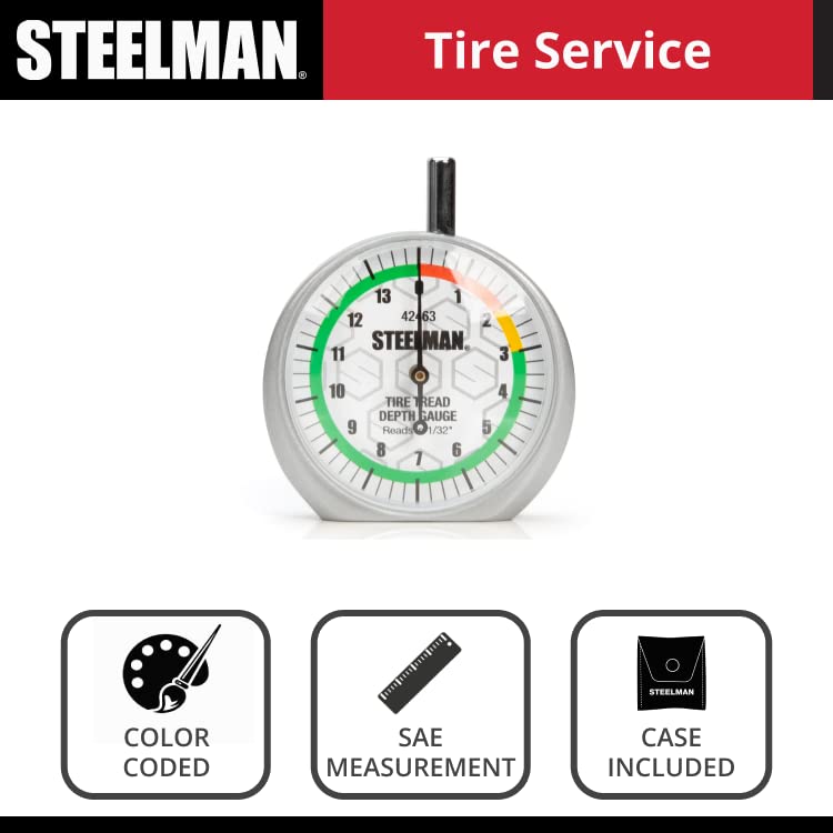 Steelman Dial-Type Color-Coded Tread Depth Gauge, Identifies Tire Wear, Durable Powder-Coated Zinc Alloy Casing for Professional