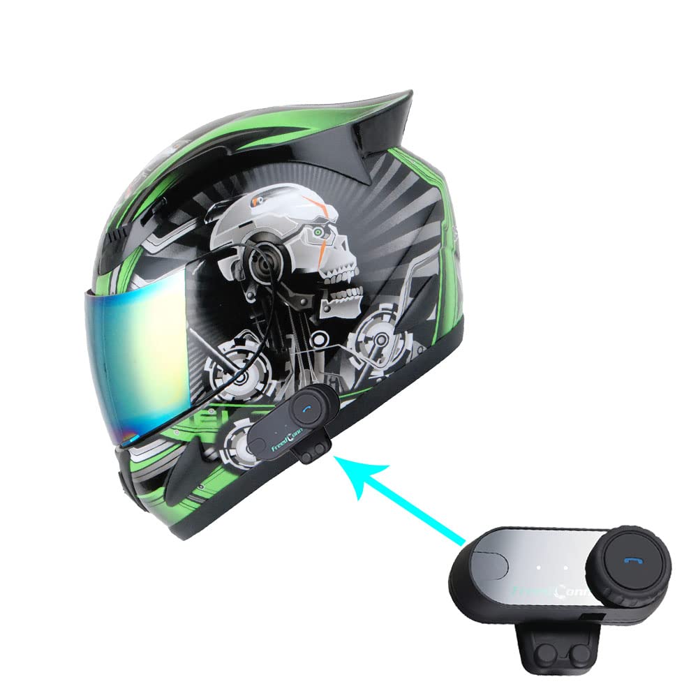 1Storm Motorcycle Bike Full Face Helmet Mechanic + Motorcycle Bluetooth Headset: Skull Green