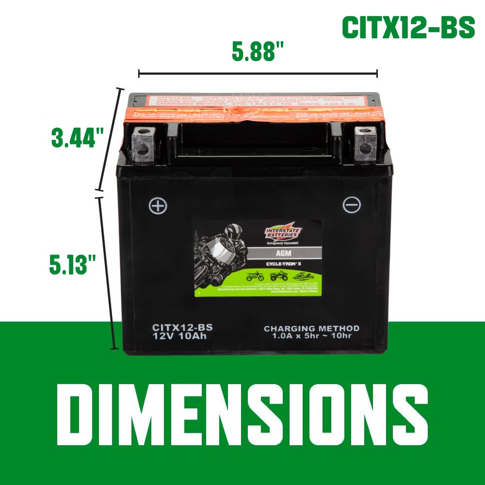 Interstate Batteries Ytx12-Bs 12V 10Ah Powersports Battery 175Cca Agm Rechargeable Replacement For Honda, Kawasaki, Suzuki Motor