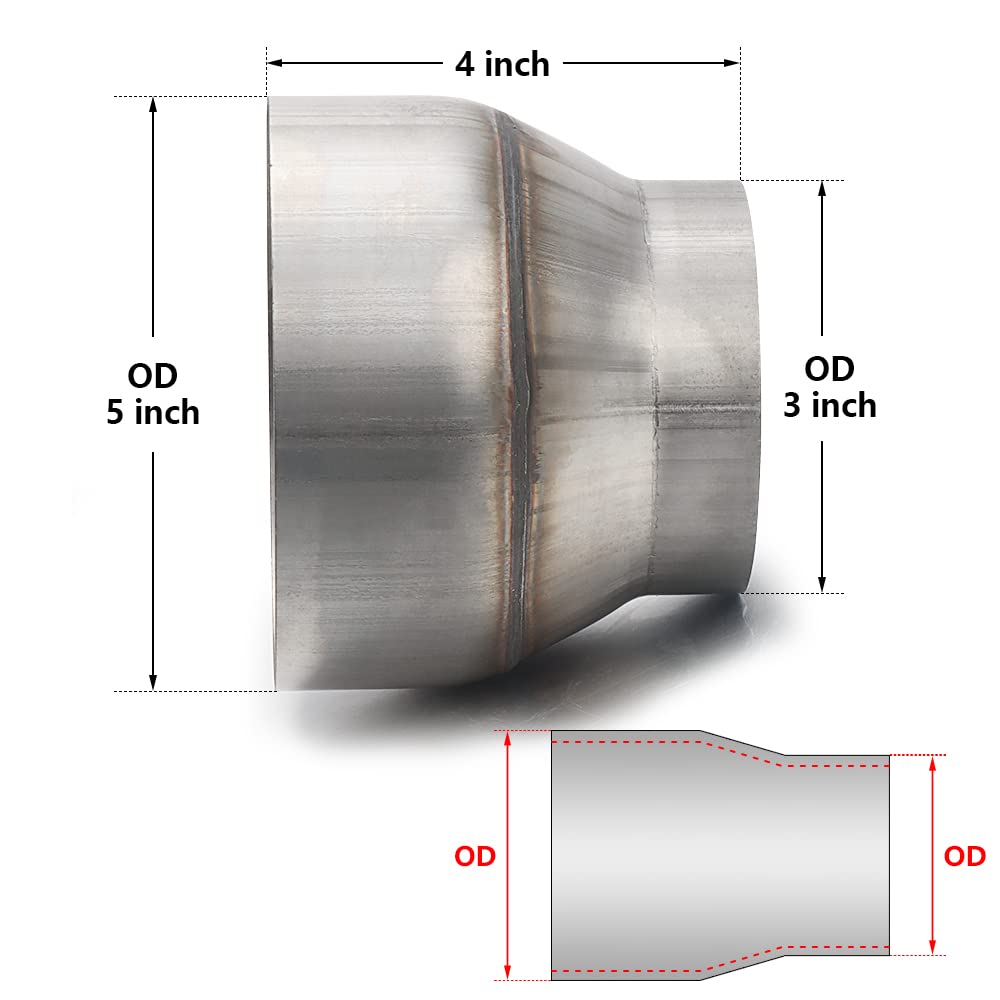 A-Karck Exhaust Adapter Connector 3' Od To 5' Od, Exhaust Pipe Reducer 4' Overall Length 304 Stainless Steel