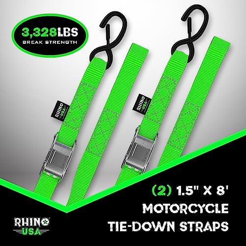 Rhino Usa Motorcycle Tie Down Straps (2 Pack) Lab Inspected 3,328Lb Break Strength, Steel Cambuckle Tiedown Set With Integrated