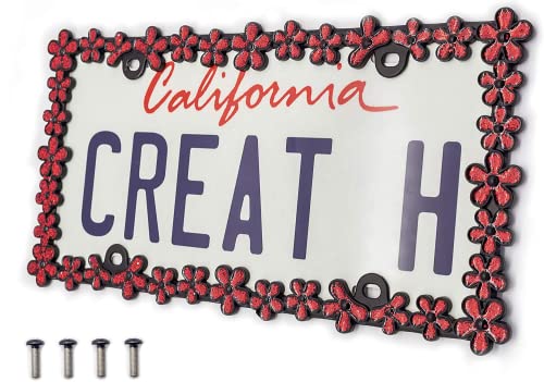 Creathome 3D Shining Daisy Wrenth License Plate Frame From Pure Zinc Alloy Metal Perfect Plate Holder,Matt Black With Red Glitte