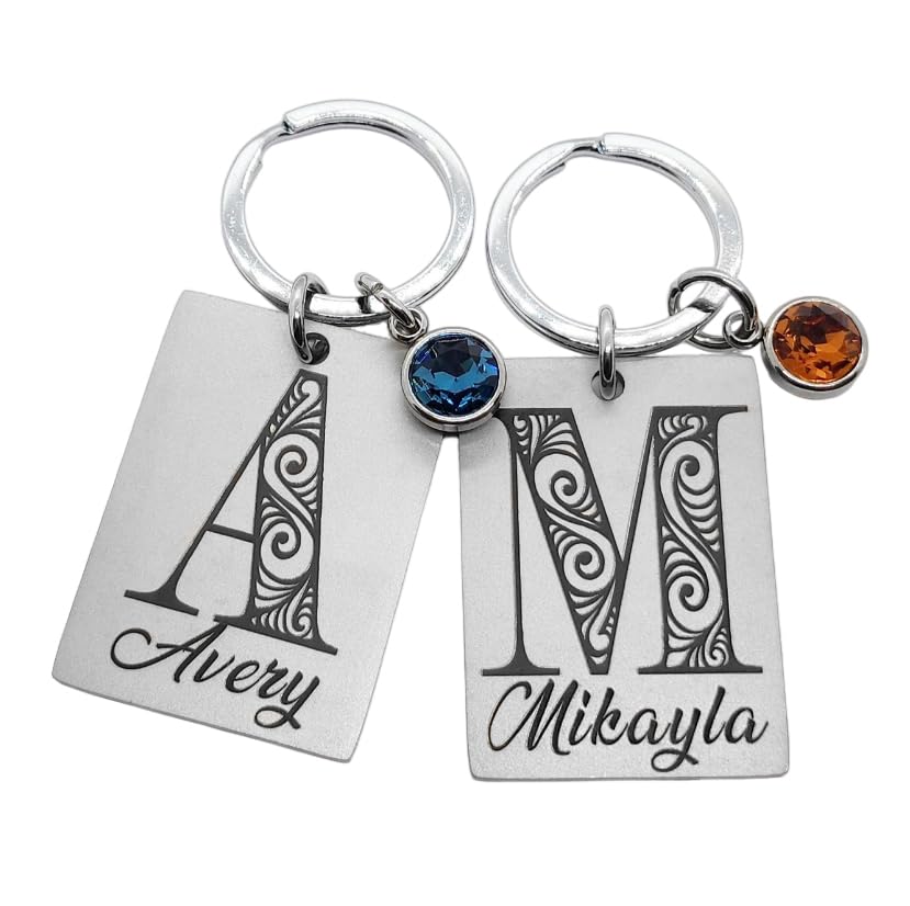 Personalized Monogram Initial Keychain, Stainless Steel, Birthstone Crystal, Custom Gift For Men Or Women, Graduation Gift, Birt