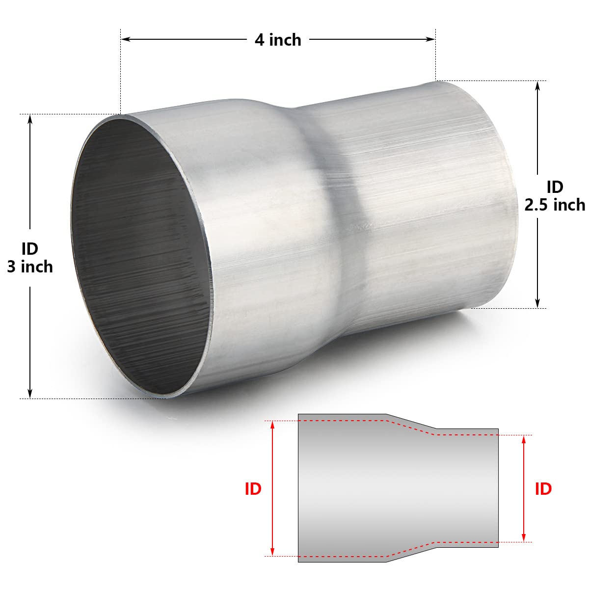 Exhaust Adapter Connector 2.5'' Id To 3'' Id, A-Karck Exhaust Pipe Reducer 4'' Overall Length 304 Stainless Steel