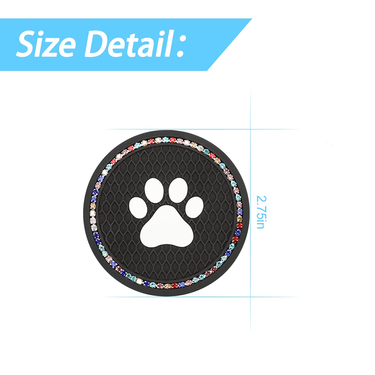 2Pcs Universal Bling Car Cup Coaster, Rhinestone Car Accessories, 2.75 Inch Dog Paw Car Cup Holder Insert Mat Pad Set,Suitable For Most Car Interior (Black/Multicolor)