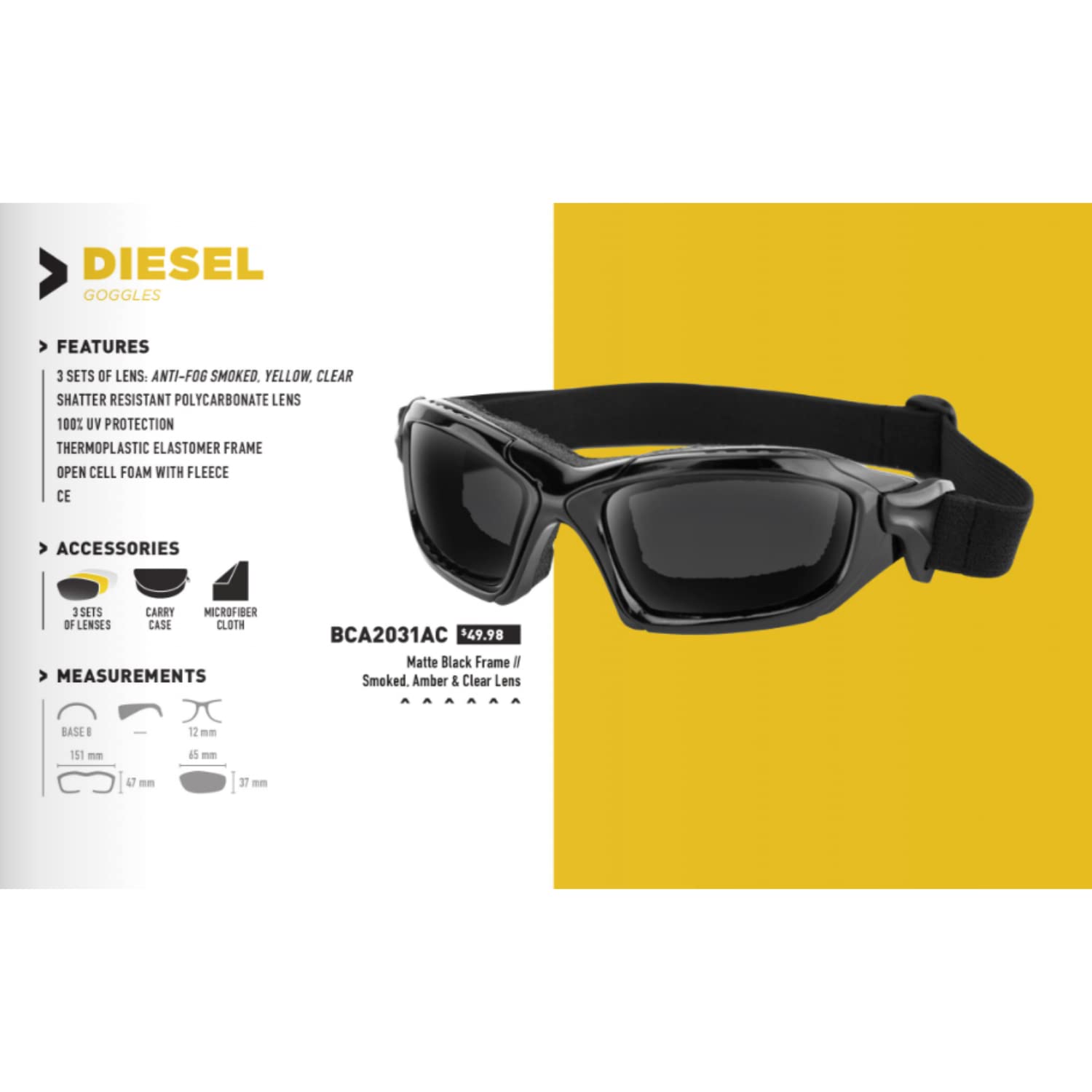 Bobster  Diesel, Gloss Black Frame, Smoked, Yellow & Clear Lens