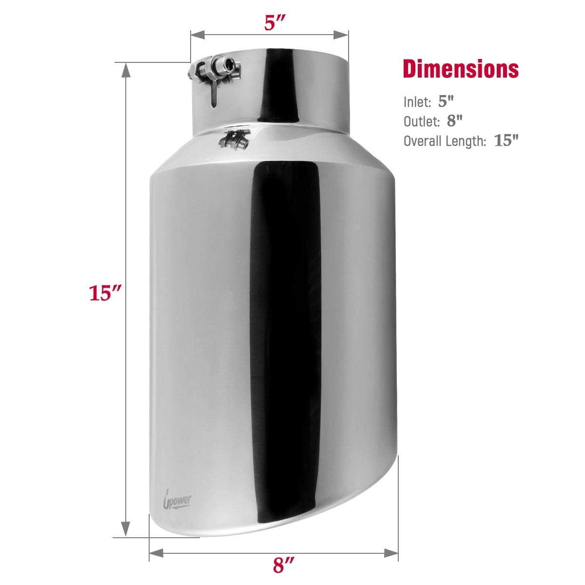 Upower 5' To 8' Diesel Exhaust Tip Universal Trucks Car Chrome 5 In Inlet 8 In Outlet Exhaust Tip 15' Long 5 X 8 X 15 Inch Diesel Tail Pipe Stainless Steel Polished Bolt/Clamp On