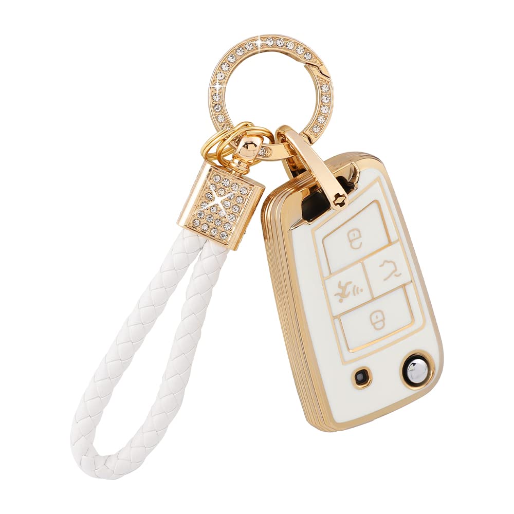 Pifoog For Volkswagen Key Fob Cover 4 Button Car Keys Case Shell Protector Bling Keychain Lanyard For Vw Tiguan Jetta Golf Altas