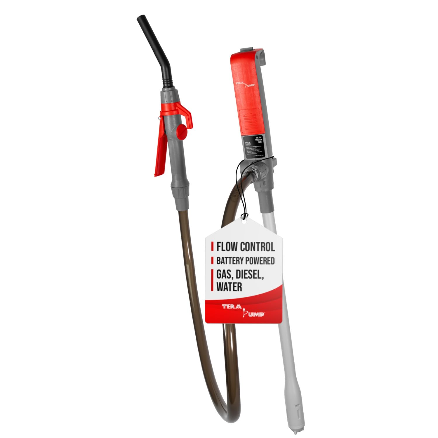 TERA PUMP Fuel Transfer Pump w/Quick Flow Control Nozzle - 3X Powerful D Battery Powered, 39 Upgraded Vinyl Discharge Hose, Mu