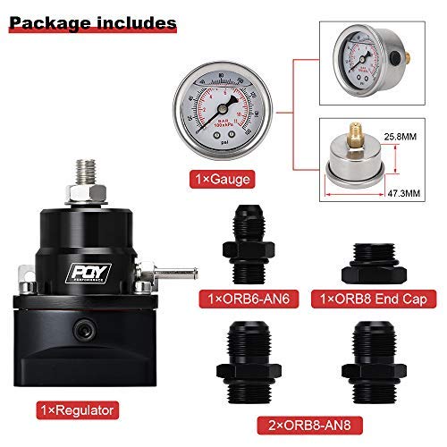 Pqy Fuel Pressure Regulator An8 Feed & An6 Return Line + 0-160Psi Gauge Set Black