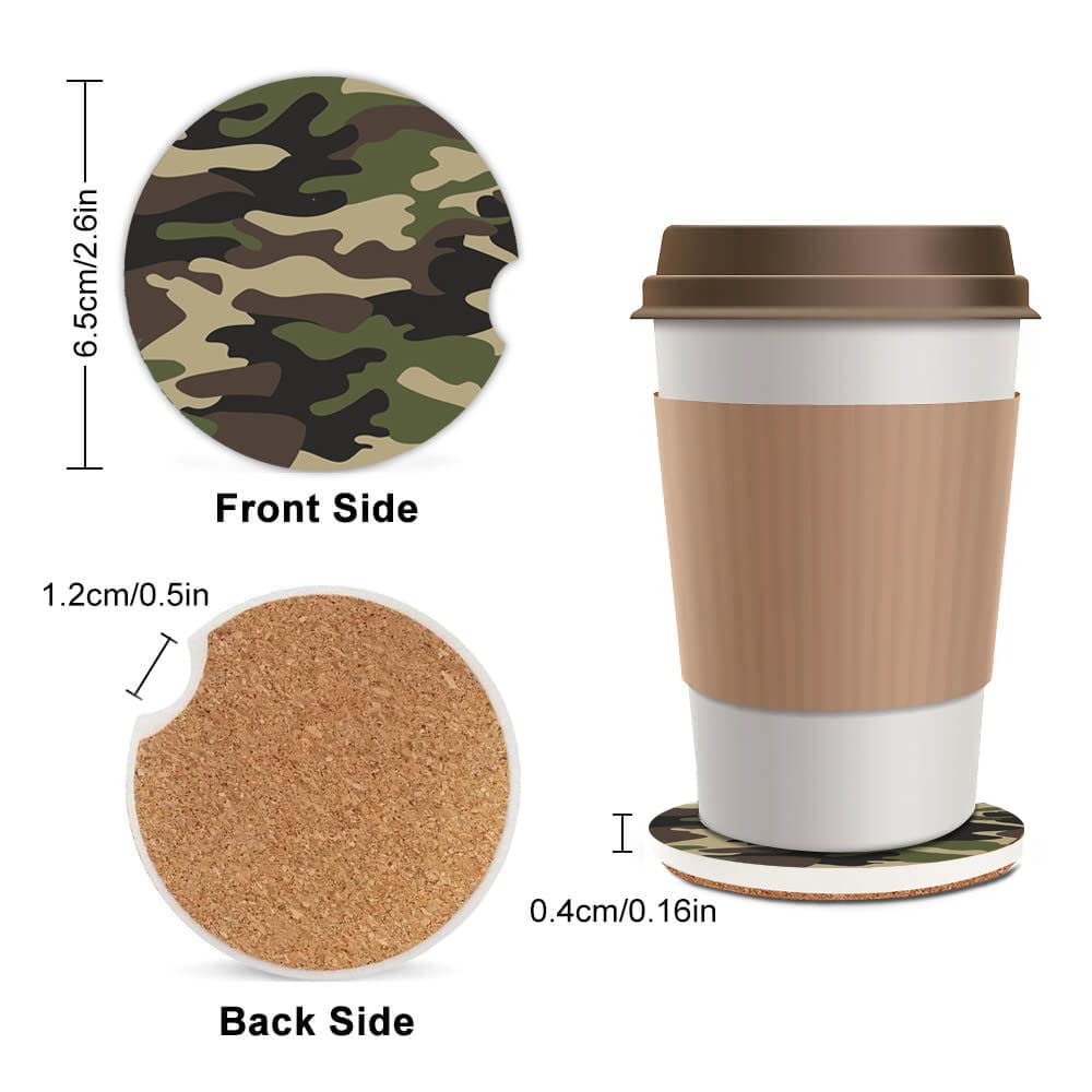 Absorbent Car Cupholder Coaster 2 Pack,Ceramic Stone Coaster With A Finger Notch For Women & Lady,Cork Base Drink Coasters 2.56 Inch,Cute Auto Accessories Gifts - Green Camouflage Camo