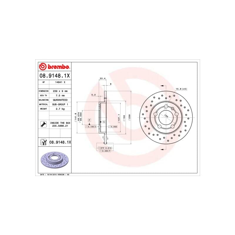Brembo 08.9148.1X Xtra Uv Coated Solid Drilled Rear Brake Rotor Audi/Skoda/Vw Oe# 1J0615601D