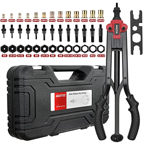 Aiuitio 16'' Rivet Nut Tool, Auto Release Nut Rivnut Tool Kit With 13 Metric And Sae Mandrels, Nutsert Rivet Tool Set With 130Pcs Rivnuts,Sturdy Plastic Case - 90% Time And Effort Saving