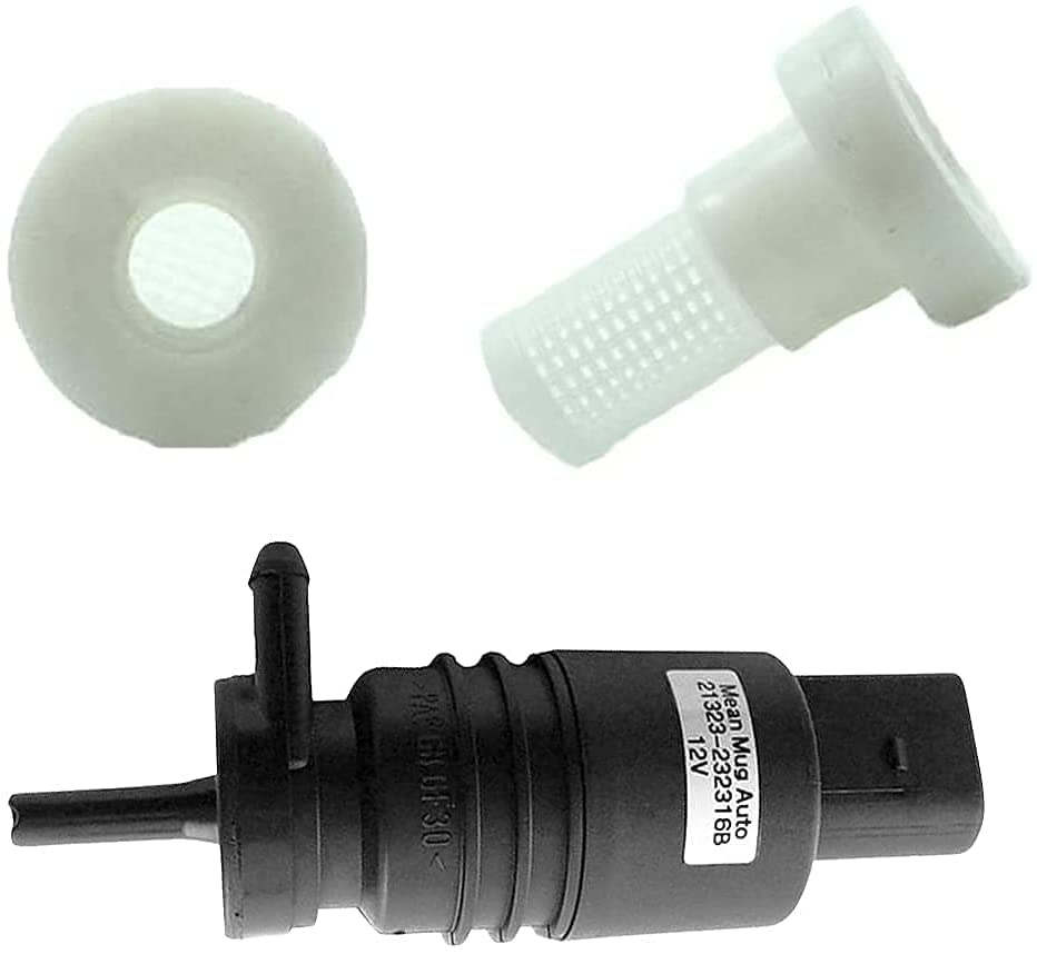 Mean Mug Auto 16212-21675A Windshield Washer Pump with 2x Screen Grommet - Compatible with BMW - Replace OEM #: 67128362154, 67128377612, 61667006063