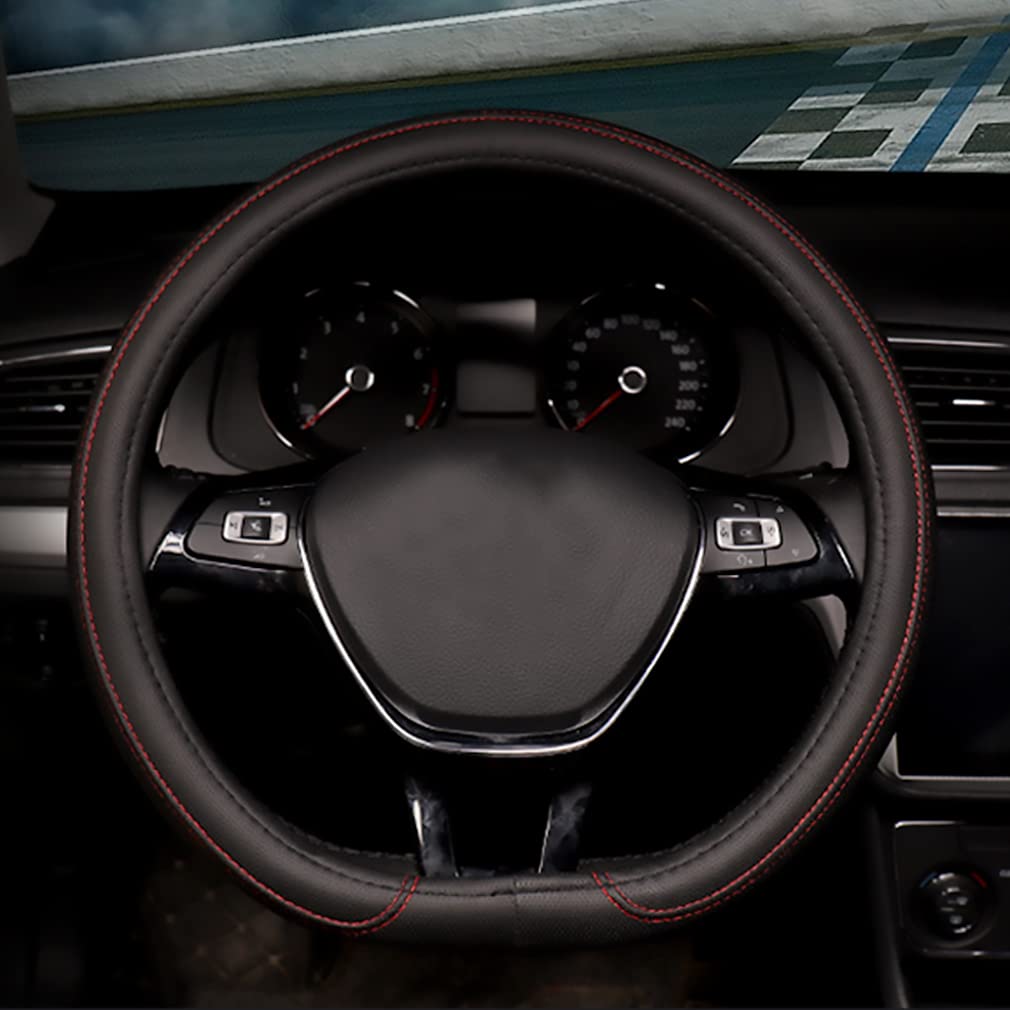 Coofig Flat Bottom Steering Wheel Cover D Shape Leather 15Inch Fashion, Breathable, Anti-Slip Steering Wheel Wrap (Red, D Type)