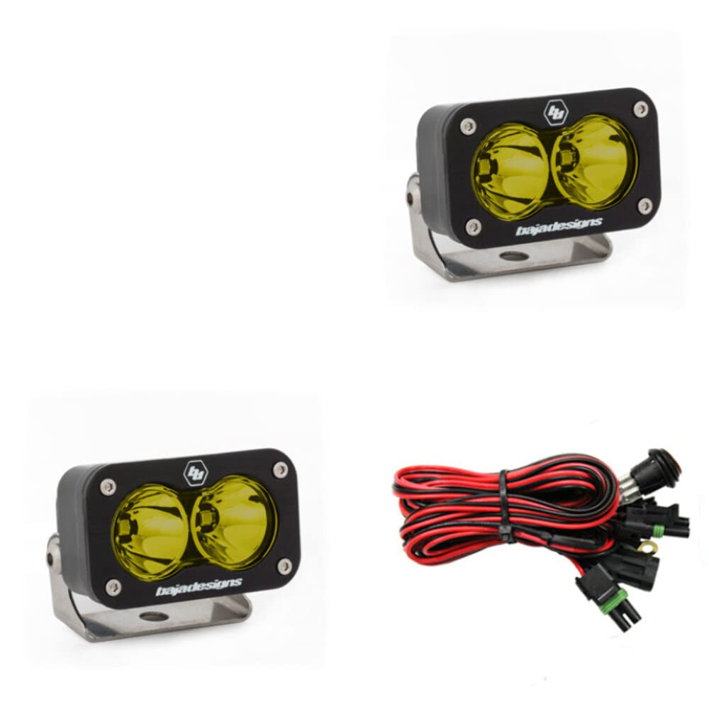 Baja Designs S2 Sport Black LED Light Pod Pair - 2PCS LED with Wiring Harness - Spot Beam, Baja Amber Lens