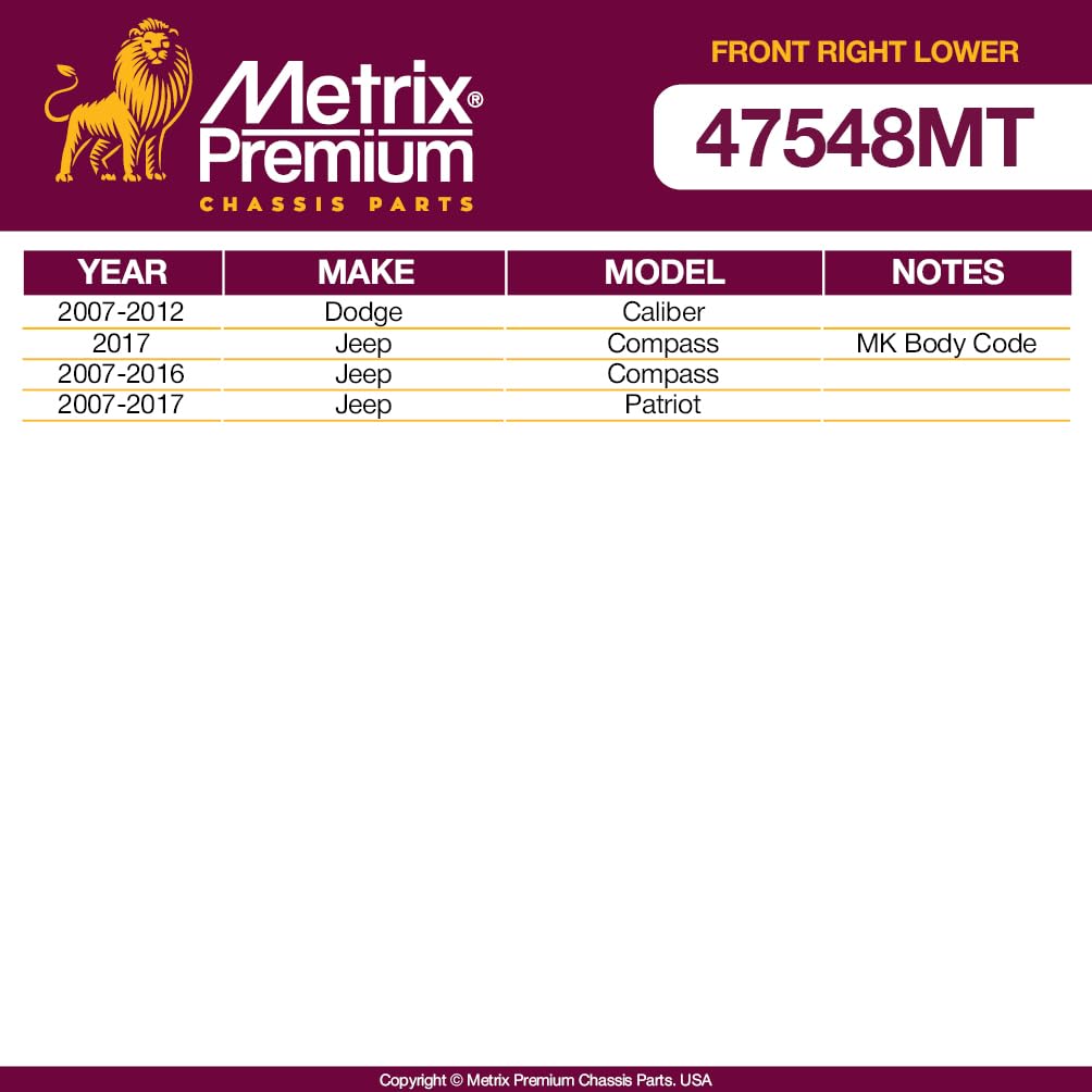 Metrix Premium Chassis Parts - Front Right Lower Control Arm W Ball Joint & Bushing Assembly Fits 07-12 Dodge Caliber, 07-17 Jee